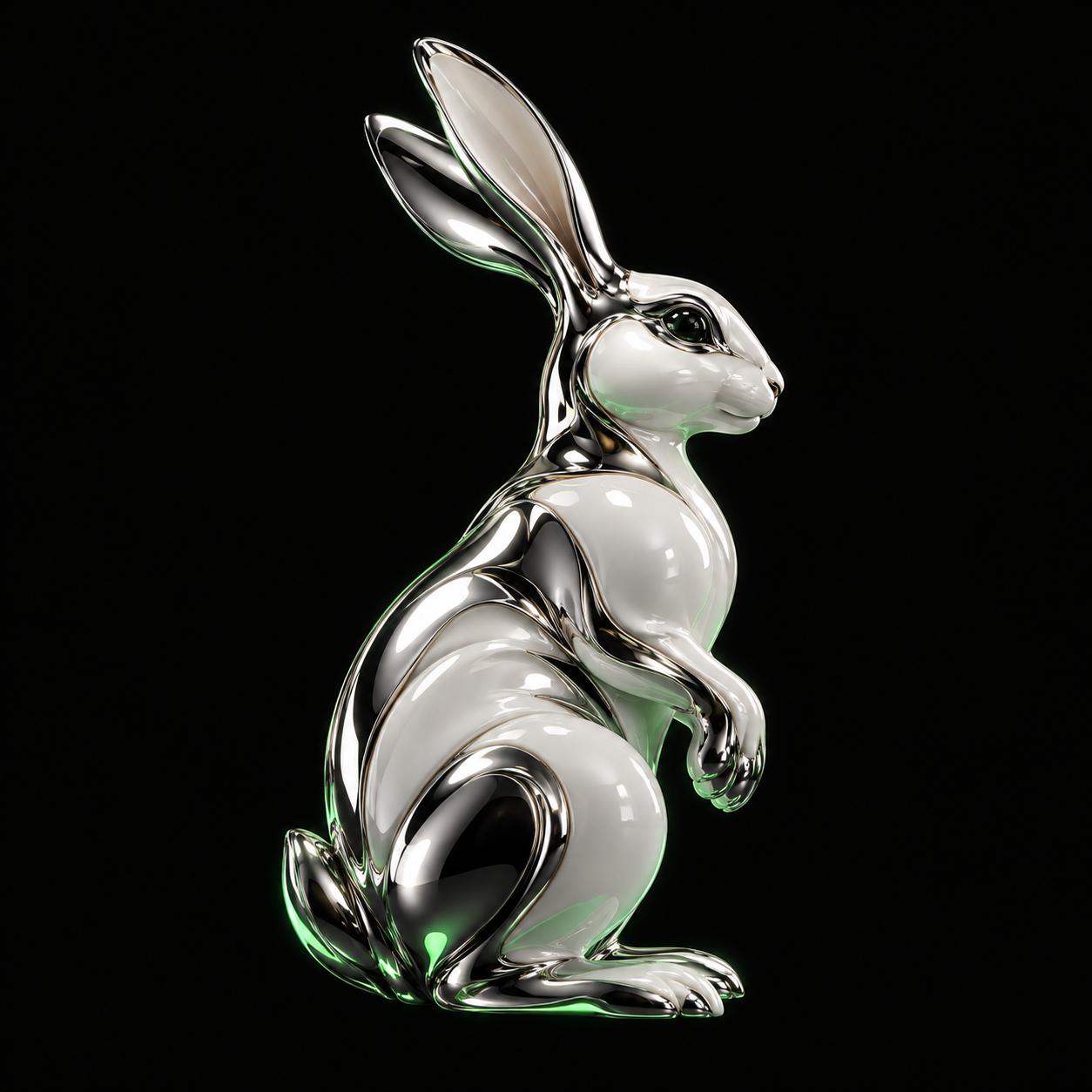 A polished silver white rabbit sculpture reflecting an electric green glow